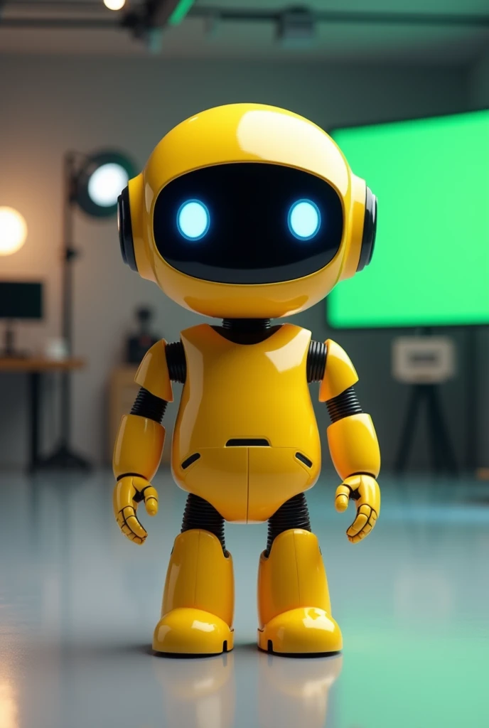 A photorealistic image of a Pixar-style yellow robot with large blue eyes and a black visor. The robot is standing upright in a video shooting room. The robot's smooth yellow body is in clear focus. The background is blurred, featuring a variety of objects, including a camera, a light, and a green screen. The robot's large blue eyes and black visor give it a friendly and futuristic appearance.