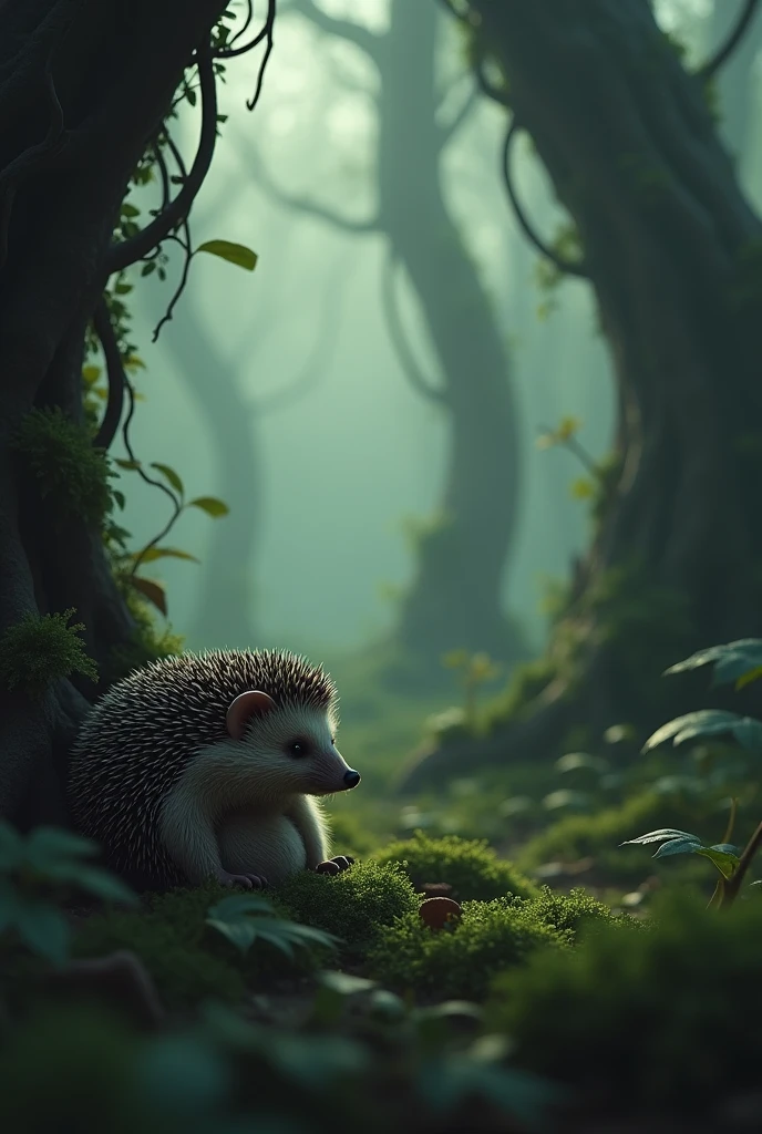 A hedgehog in a sad forest