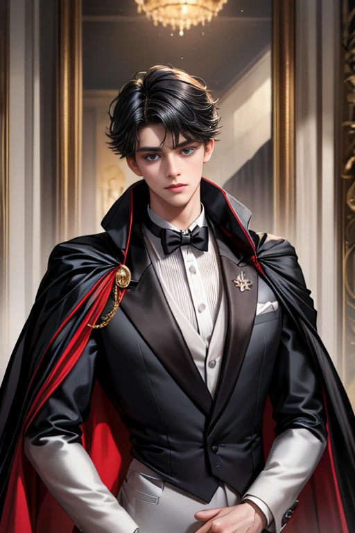 masterpiece, 最high quality, high quality, 1 boy, alone, Male focus, Upper Body,Watching the audience, Messy black hair, Adorable big blue eyes, White, Noble, Noble,A black and red cape that is bursting with sexy volume、Tuxedo、A very voluminous, large, very large, very large, long, long red and black cape with a high stand-up collar, made of a lot of fabric that reaches down to the floor., ,cute beautiful,Cute, cute, kind, handsome guy