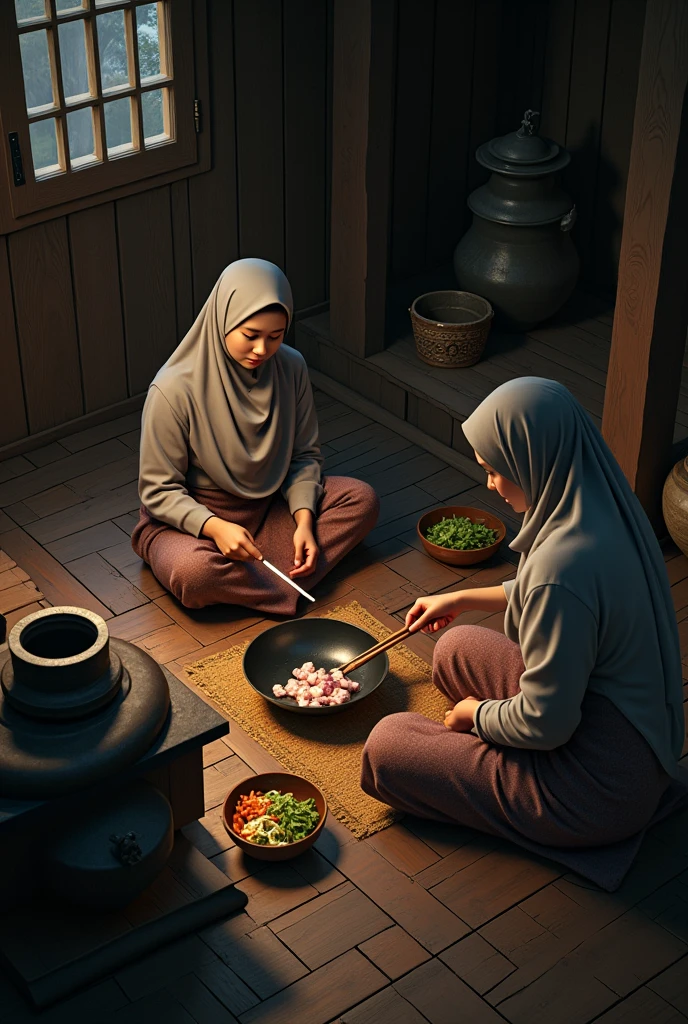 a malay hijab beauty girl wear a shabby shirt and a batik sarong, sitting down on a wooden floor in a wooden kitchen, cutting a vegetable and a meat with her friend, old kettle on stove, a meal in a wok clay stove, old urn, aerial top angle, at night