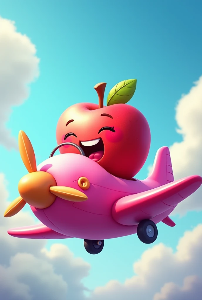 Apple Character Driving a Pink Airplane .. funny and comical image 