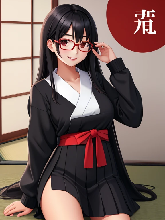 Masterpiece, 1girl, solo, Japanese student, long black hair, smiling, she's absolutely beautiful, (she's wearing a black Japanese school uniform and red reading glasses)
