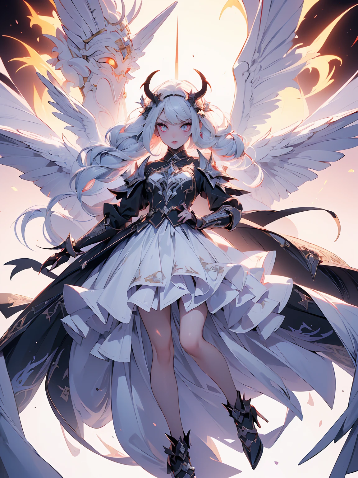 (((masterpiece, best quality, high detailed, 16k))) (1girl) A demonic girl with a menacing aura and white demonic armor, adorned with sharp horns.((detailed face:1.2)) Her glowing eyes burn with infernal fire. She has (long demon wings) and razor-sharp (claws). (extremely detailed:1.2) (((full body view)))