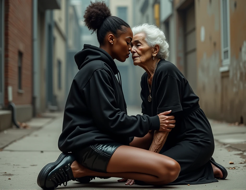 black woman hair in a bun black hoodie black leather short shorts a old grandma in a dress on her knees kissing her ass behind her squeezing her butt