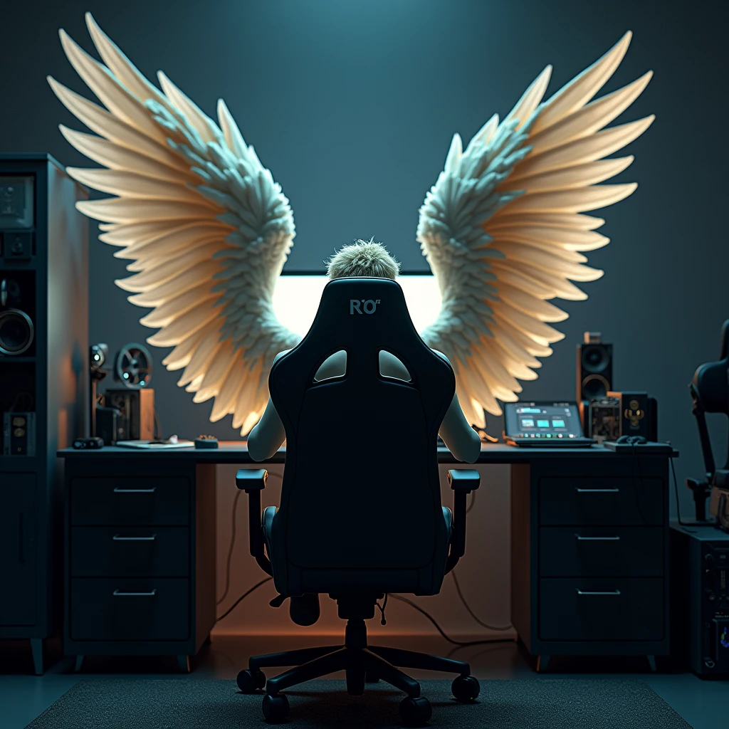 a warrior angel sitting in a gaming chair playing on the computer seen from behind