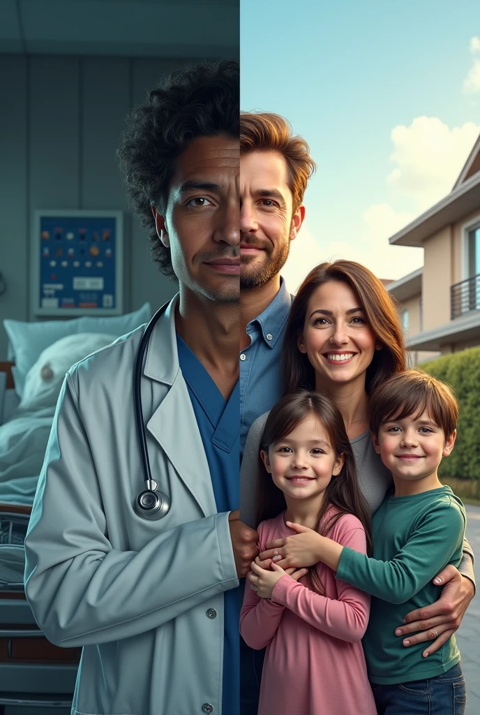 Split the image into two halves. On the left side, show a doctor on duty at a hospital, visibly exhausted, with dark circles and a sad expression, due to hours of duty, surrounded by medical equipment and a patient in a hospital bed. in the right side, show a happy family in front of a modern house with a luxury car. The father is dressed in a suit, smiling next to his wife and two children. the doctor and the father must be the same person, emphasize that the doctor is sad and tired, while the father is happy