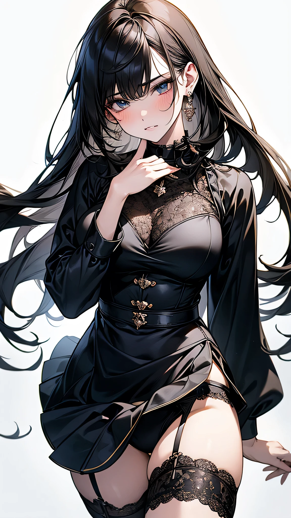 4K resolution,((Highest quality)),Ultra-high resolution,Adult women, alone, sexy, (Sad face), (black eye), Beautiful and symmetrical face, (Medium black hair),Southern clothing,Tropical Skirt,garter belt,Realistic:1.4,Realistic:1.4,(masterpiece:1.2),Perfect Eyes,Perfect Eyes,Ample breasts,Curvy Body,Perfect Legs,Inside the building,Brown Skin