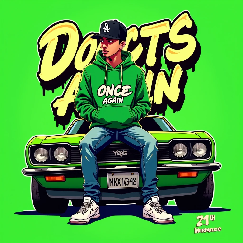 Image of a man sitting on the bonnet of a car, Yoshihiko Wada's album cover, winner of the behance contest, Doodle, official artwork, rap album cover, hip - hop album art cover, colored album art, hip hop music album cover, rap album cover art, official fanart, GTA Cover, hip hop album cover, album art cover, cartoon, G-FUNK G-FUNK Hip Hop album cover, green background, green car, LA hoodie with the words "once again" on the back of the photo, Asian teen wearing black LA ball cap with jeans down, troublemaker boy sitting on car bonnet, white Nike shoes, letters like paint dripping down
