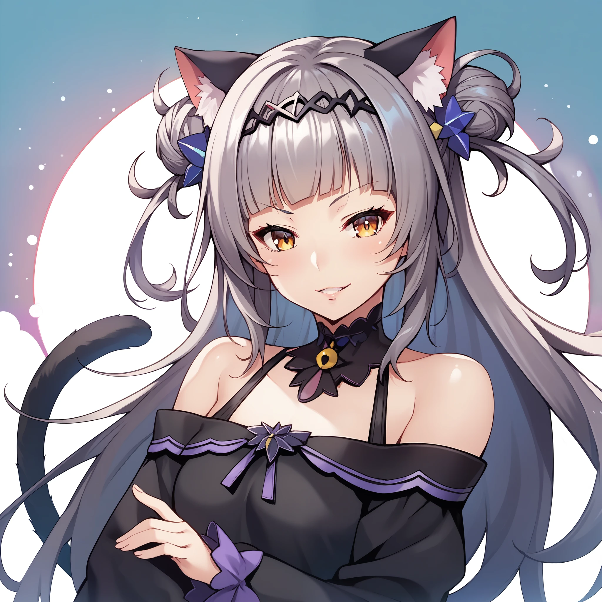 score_9, score_8_up, score_7_up, score_6_up, score_5_up, uncensored, source_anime, metalder, 1girl, solo, (upper body), hololive, murasaki shion, :d, ^_^, alternate hairstyle, animal ear fluff, animal ears, bare shoulders, black dress, blunt bangs, brown eyes, cat ears, cat tail, dress, grey hair, hair bun, long hair, long sleeves, off shoulder, off-shoulder dress, parted lips, sidelocks, single hair bun, sleeves past wrists, smile, standing, tail, two side up, v-shaped eyebrows, very long hair, wariza