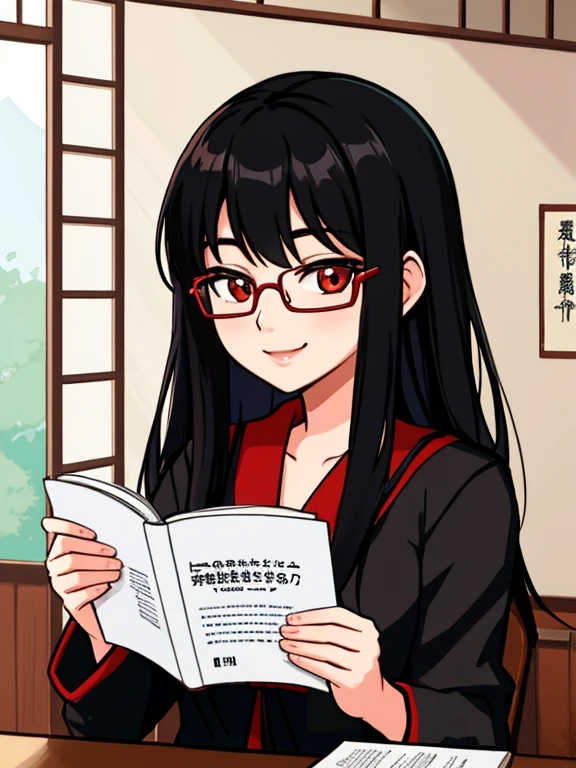 Masterpiece, 1girl, solo, Japanese student, long black hair, smiling, she's absolutely beautiful, (she's wearing a black Japanese school uniform and red reading glasses)
