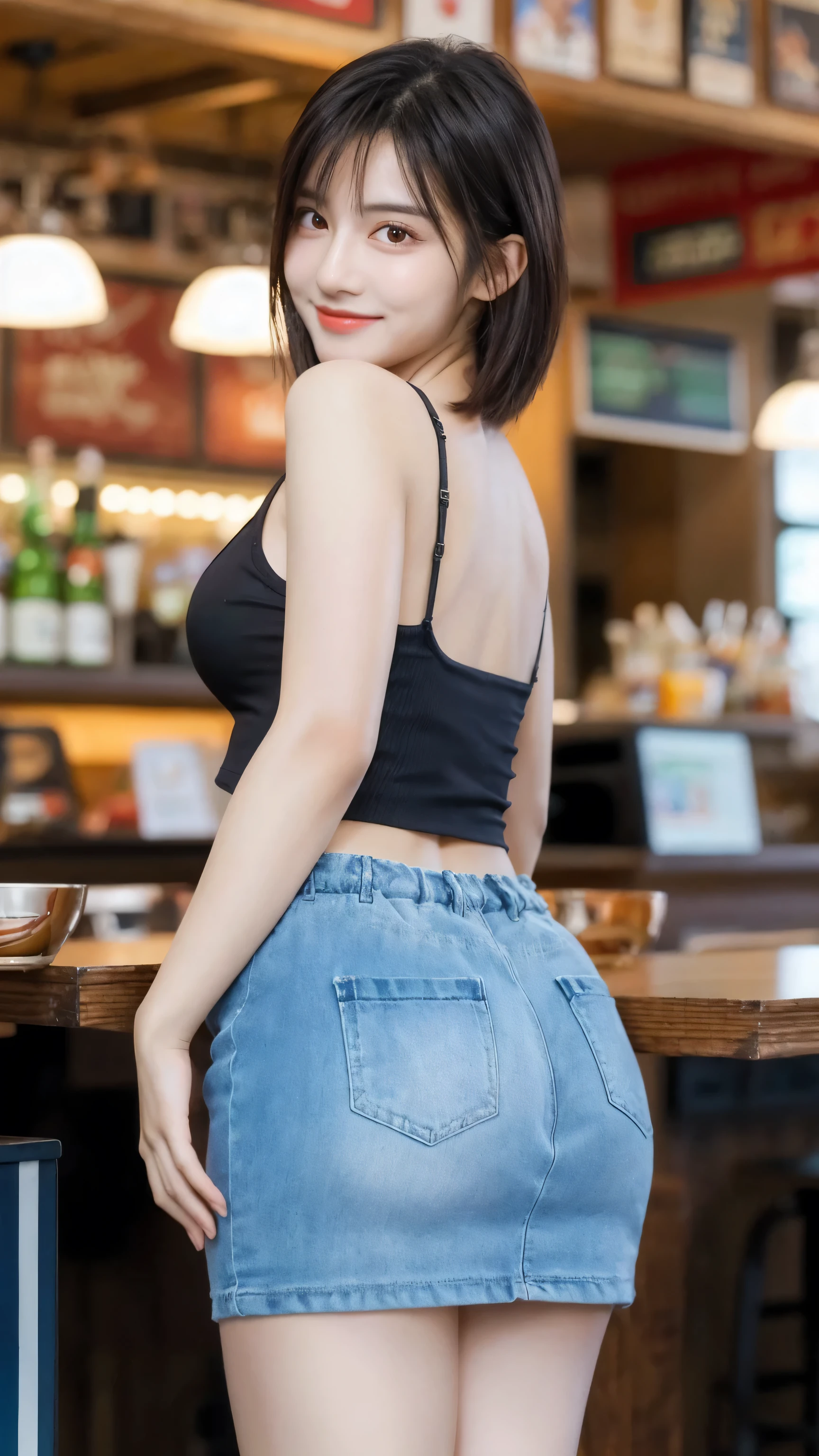 (8k, RAW Photo, Best Quality, Masterpiece:1.2), table top, Ultra Detail, Super Resolution, (Realistic, Realistic Photo:1.37), Portrait, High Detail RAW Color Photo, Professional Photo, Extremely Detailed and Beautiful, Extremely detailed, 8k wallpaper, amazing and detailed, huge file size, official art, highly detailed CG unity 8k wallpaper, highly detailed beautiful girl, highly detailed face, highly detailed eyes, highly detailed skin, highly detailed fingers, highly detailed nose, very detailed detailed mouth , perfect ???????, highly detailed background, highly detailed clothes, 1girl, ,cute girl, realistic body, fair skin, glowing skin , slim body, handsome body, black hair , Semilong hair, (blunt bangs:1.2), smile, cute, youthful, cute face, realistic face, delicate eyes, drooping eyes, looking at viewer, (from behind), standing posture, Contraposto, dynamic lighting, (big breasts), (Perfect Body Proportions), (slender Body Proportions), (tank top), (mini skirt), (Inside the pub),