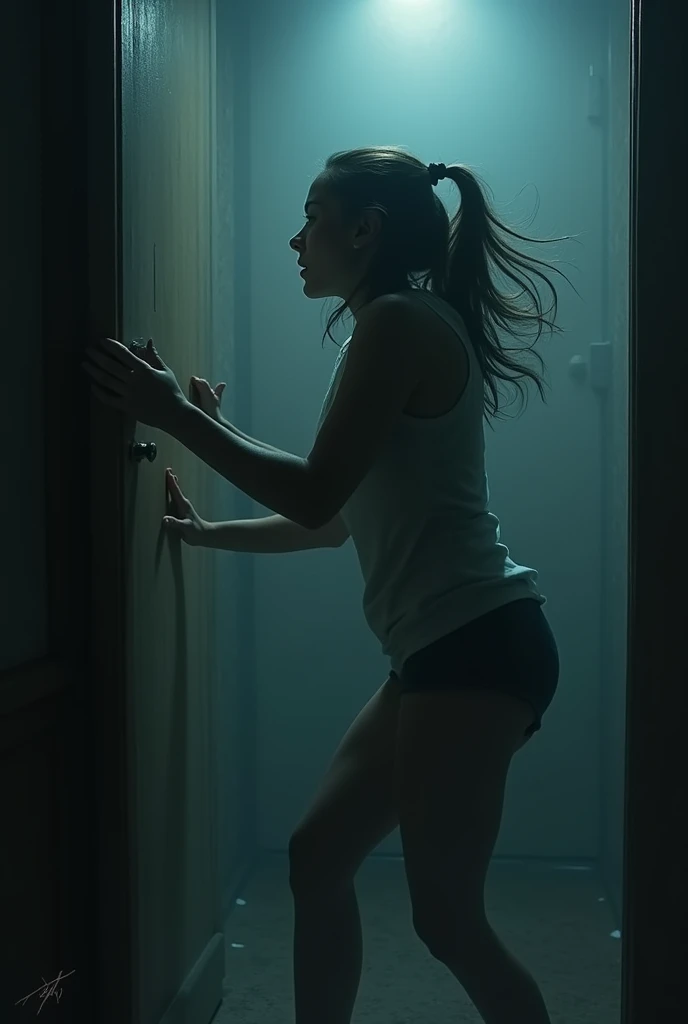 Emily pounds on the door, trying to escape, as the whispers grow louder.
.

