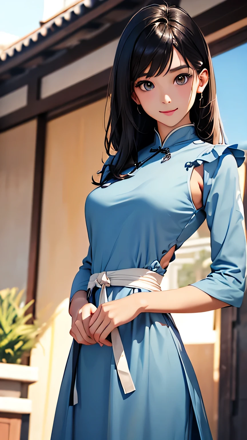 Highest quality、Realistic、、zoom、man、cute、Light grey eyes、Black Hair、Medium Hair Style、Tanned brown skin、Dark Skin、Light blue Chinese dress、No sleeve、Captivating smile、Bust Shot、Po