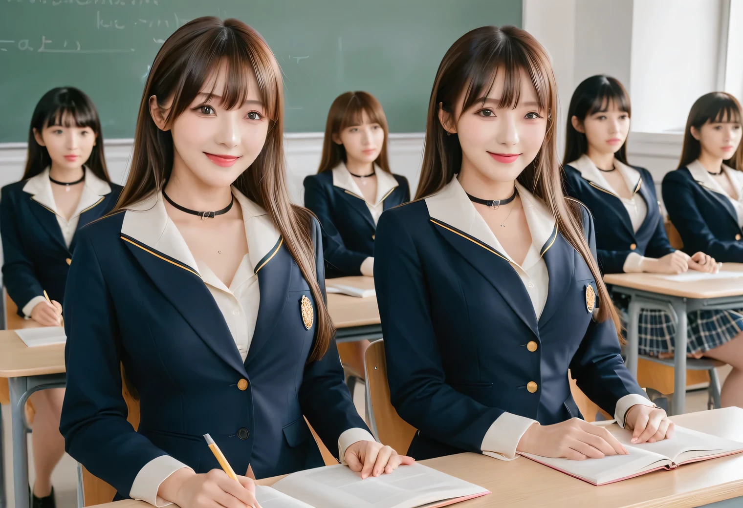score_9, score_8, score_8up, score_7, Highest quality、masterpiece, group、((Tight collared shirt, blazer、mini skirt, uniform,)), Large Breasts, ((Layered Haircut)), Slim body, Slim face（8k，Highest quality），Shot from medium distances，classroom,  Adorable， smile， Long brown hair， 32K, masterpiece， Best image quality，Ultra-high resolution，Perfect hands，Black choker、Almond Eye、bangs、Very thick and long eyelashes, ((Big Breasts))、Students listening to the lecture、A dreamy look、Natural Makeup、They are sitting side by side taking a class