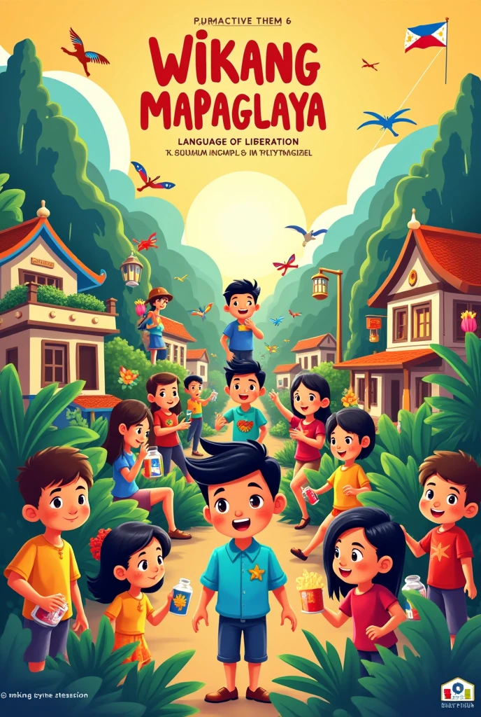 Give me a poster for buwan ng wika and the theme is wikang mapaglaya
It has to have filipino people and filipino stuff, it has to be cartoonish and has no text