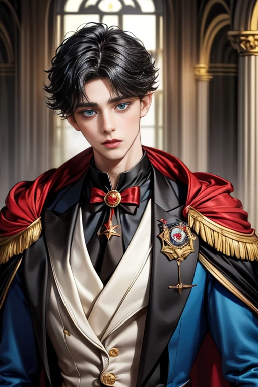 masterpiece, 最high quality, high quality, 1 boy, alone, Male focus, Upper Body,Watching the audience, Messy black hair, Adorable big blue eyes, White, Noble, Noble,A black and red cape that is bursting with sexy volume、Tuxedo、A very voluminous, large, very large, very large, long, long red and black cape with a high stand-up collar, made of a lot of fabric that reaches down to the floor., ,cute beautiful,Cute, cute, kind, handsome guy