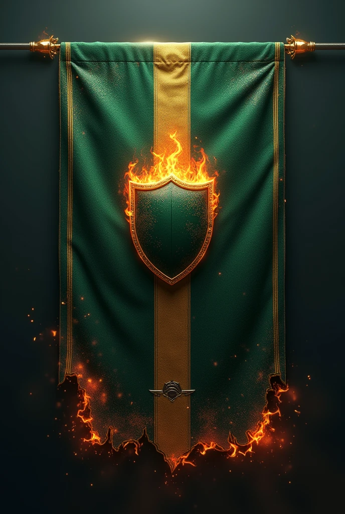 Dark green football flag with golden lines and reddish fire and in the center a shield with fire