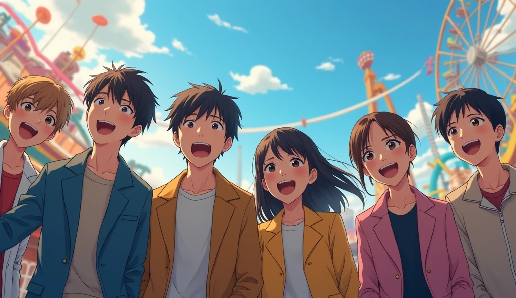 Three Japanese male and two female university students dressed in fashionable clothes are looking at the amusement park with cheerful expressions,Excited, Photo of your face, In the amusement park, with a natural look, With a slightly tired look, tilt your face a little, Diagonal orientation, Average face