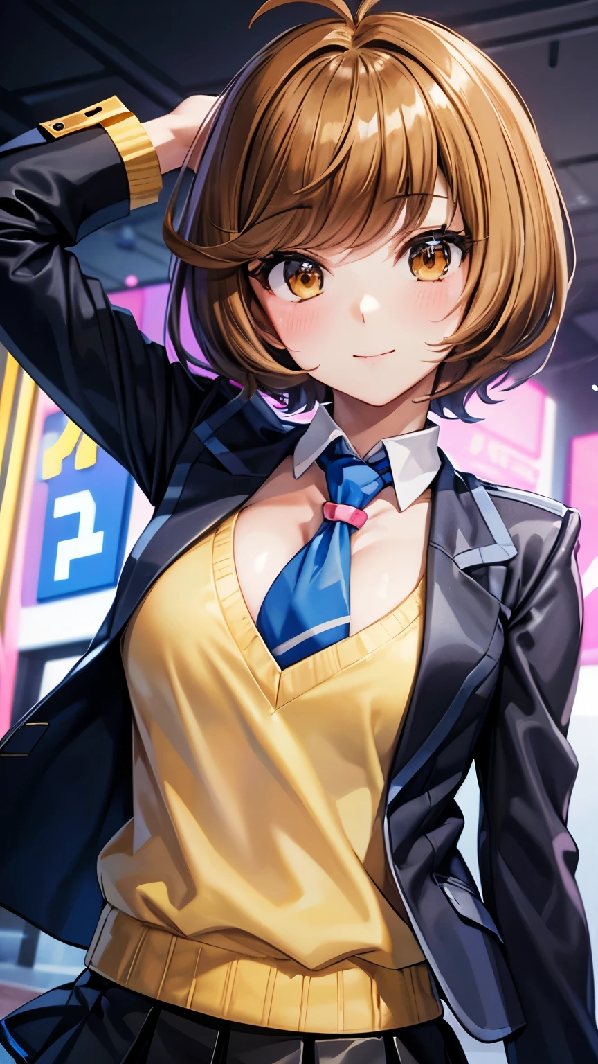 masterpiece, best quality, highres, hmza, short hair, antenna hair, brown eyes, school uniform,( blue necktie), (yellow shirt),(black jacket), long sleeves, black skirt,tight skirt , miniskirt,smile,big tits ,looking at viewer,top view,(standing), bracelet, Cyber city,blue neon lights,((perfect face)),perfect body, perfect , high definition,blush,((upper body)),(cleavage)