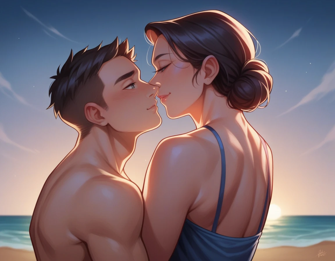 embrace, romantic, hot, intimate, mature, mother and son, older female and younger male, older woman and younger man, seen from side, side view, back view, from ground view, ground level shot, tilted camera, tilted shot, seen from below, seen from back, diagonal, angle, beach, colorful lighting, mature female, young male, athletic male, beautiful night, detailed eyes, detailed face, detailed outfit wholesome, heartfelt, love
