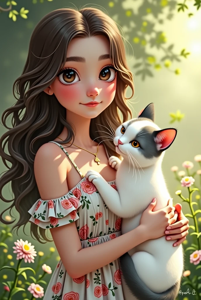 Brunette girl with curly hair, brown eyes, big lips, wearing a floral dress next to a white cat with gray spots