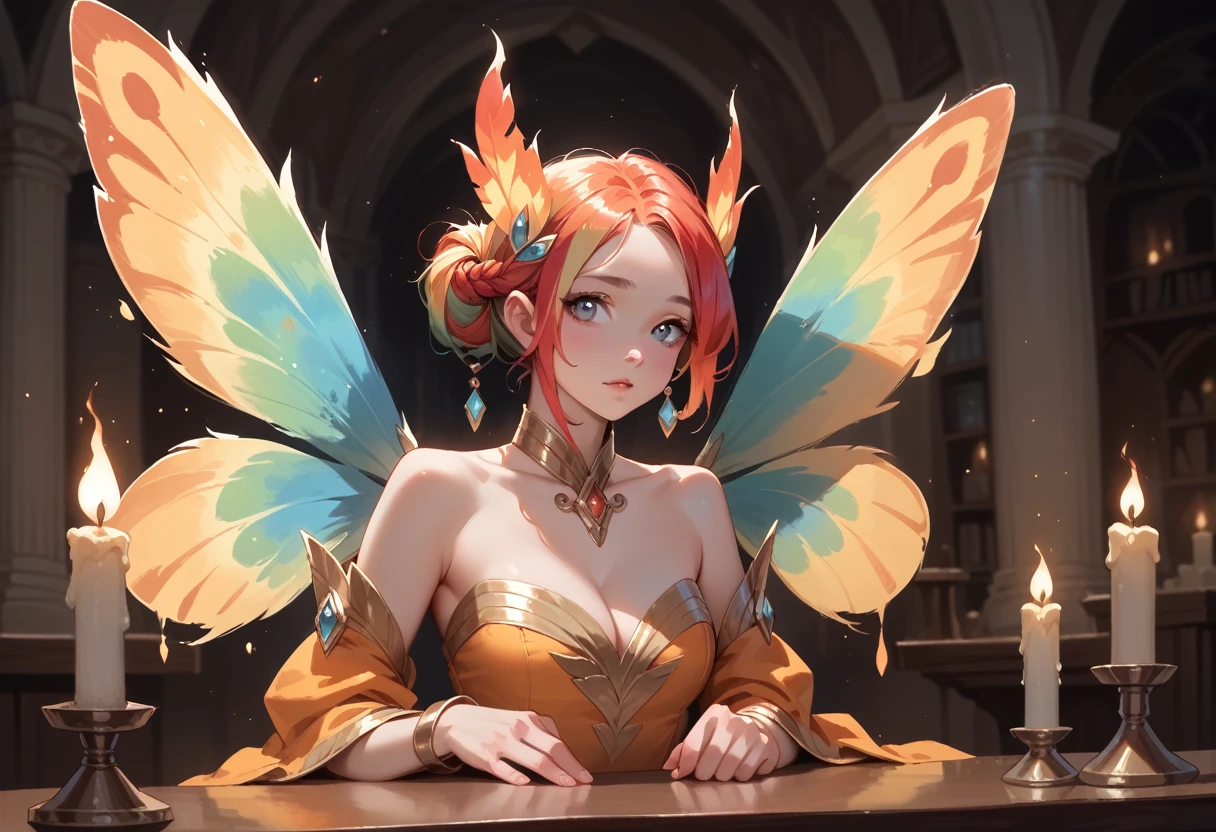 A fairy phoenix (cute woman, flame feather sexy outfit, flaming hair, flaming moth wings) flits away from a candle in a dim Wizards laboratory, focus on fairy, high fantasy