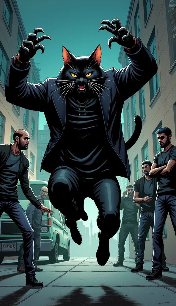 **Whiskers Attacking the Thugs:**
   - Prompt: "A humanoid cat with black jacket and a fierce expression, leaping into action as he attacks a group of thugs in an alley at night. His claws are extended, slashing through the air with precision. The thugs are shocked and frightened, some already disarmed and on the ground. The alley is dimly lit, with the van and captured animals in the background."