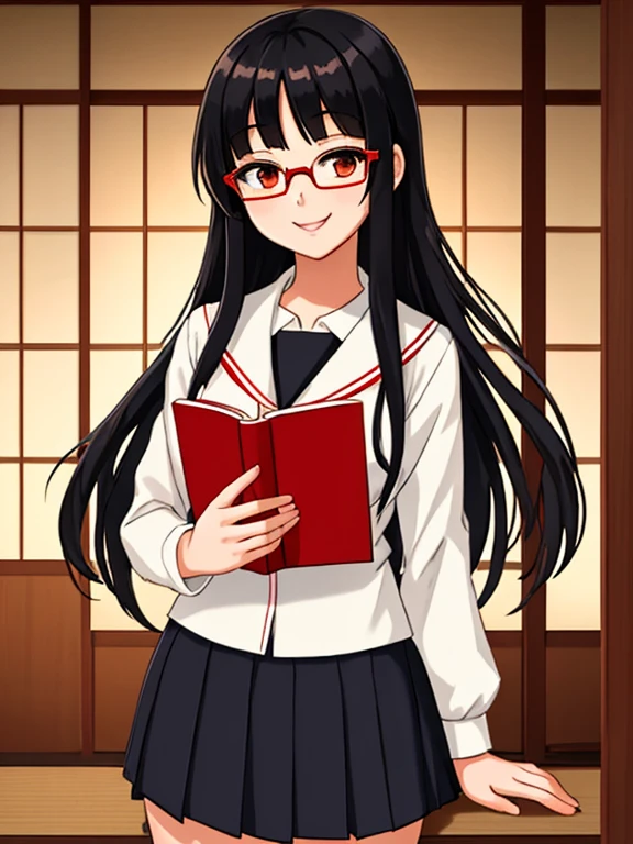 Masterpiece, 1girl, solo, Japanese student, long black hair, smiling, she's absolutely beautiful, (she's wearing a black Japanese school uniform and red reading glasses)
