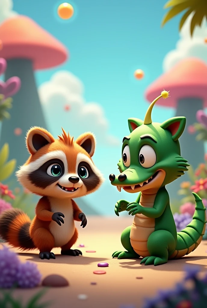 Crocodile, Cute animated raccoon and martian