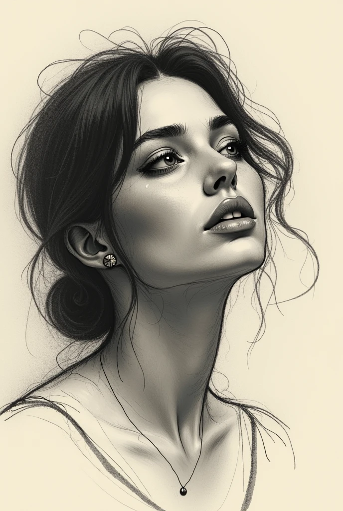 A stunning freehand sketch of a woman&#39;s portrait, masterfully rendered in conté crayon and charcoal. The subject has a thoughtful expression, the head tilted slightly, and his gaze lost in contemplation. The low contrast, faded appearance gives the portrait a nostalgic feel, with clear, blurred lines that look like they&#39;ve been smudged with a finger. The subtle play of shadows and light adds depth to the sketch., showing the artist&#39;s exceptional mastery of the technique., painting-like, illustration, hand with pencil sketching , and filling empty area ,between chin and lips 