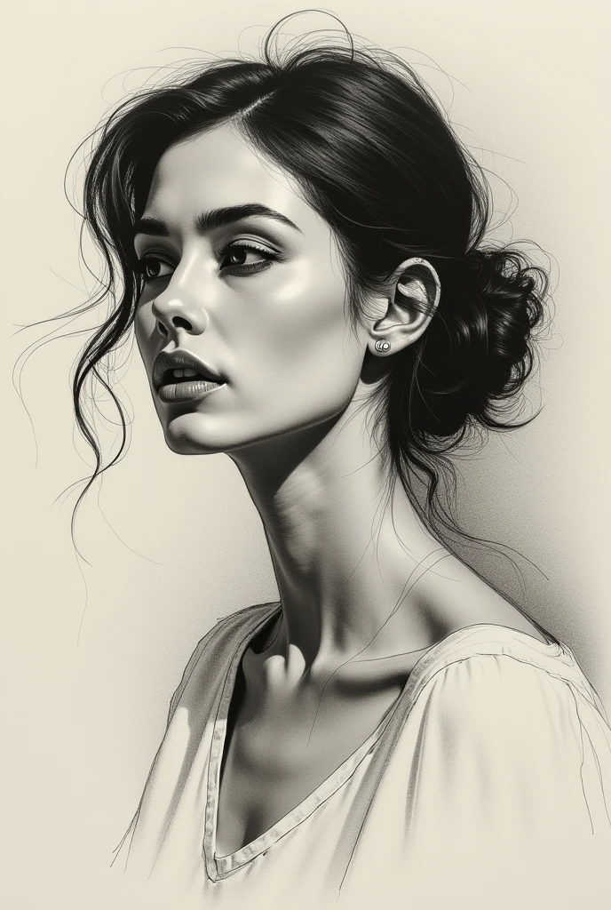 A stunning freehand sketch of a woman&#39;s portrait, masterfully rendered in conté crayon and charcoal. The subject has a thoughtful expression, the head tilted slightly, and his gaze lost in contemplation. The low contrast, faded appearance gives the portrait a nostalgic feel, with clear, blurred lines that look like they&#39;ve been smudged with a finger. The subtle play of shadows and light adds depth to the sketch., showing the artist&#39;s exceptional mastery of the technique., painting-like, illustration, hand with pencil sketching , and filling empty area ,between chin and lips 