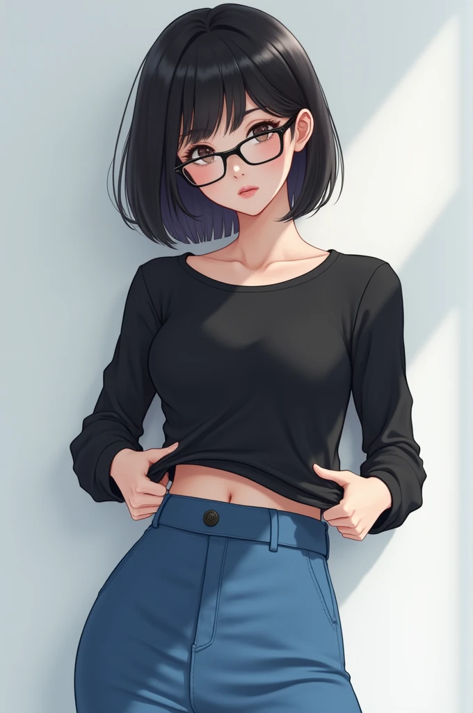 Asian girl with short black hair, Glasses, blue skirt and black shirt rolls up the shirt to chest height to expose her abdomen
