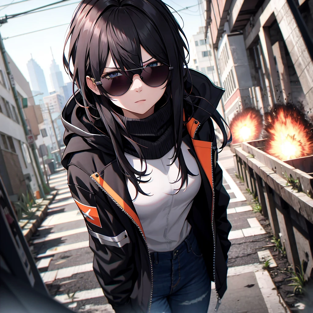 absurdres, best quality, from above, explosion
BREAK
BREAK
BREAK
1girl, solo, expressionless, sunglasses, black jacket
BREAK