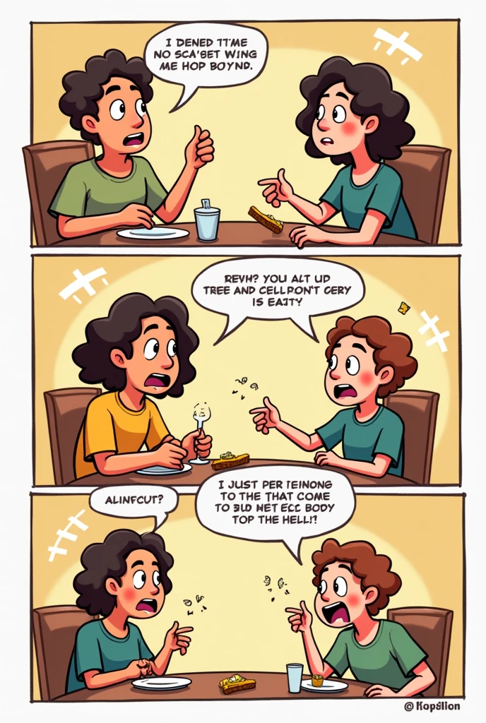 create comic with this conversation:
*Character A:* Did you know that 90% of communication is non-verbal?
*Character B:* That sounds complicated! How am I supposed to communicate then??
*Character A:* Well, if you can master the art of body language, you are already on your way. Just make sure you don't talk with your hands while eating..
*Character B:* Ah, Clear! That could cause a culinary disaster.. Although, Now that I think about it, My attempts at communication always end in a shower of crumbs.
*Character A:* Maybe that's your personal style! Chaos is a unique way of expressing yourself.
*Character B:* Perfect! Then I will be the artist of disorder in communication. Who needs 90% of hits when you can have a 100% of fun?