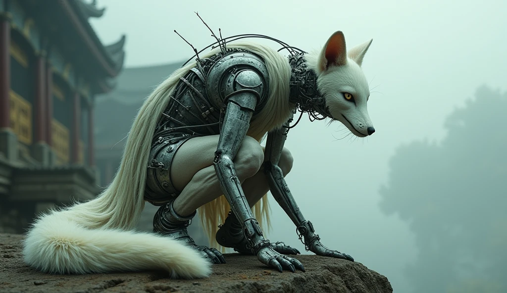 Top quality, masterpiece, oriental ancient background, person with white fox face, body made of complex machinery, science fiction, detailed science, life science, wearing oriental shabby traditional clothes, detailed image texture, bizarre, horror, creepy atmosphere (not AI image), cloudy weather, foggy, low color image, eerie, scary expression, crouching on a rock, character-centered image, person with long tail