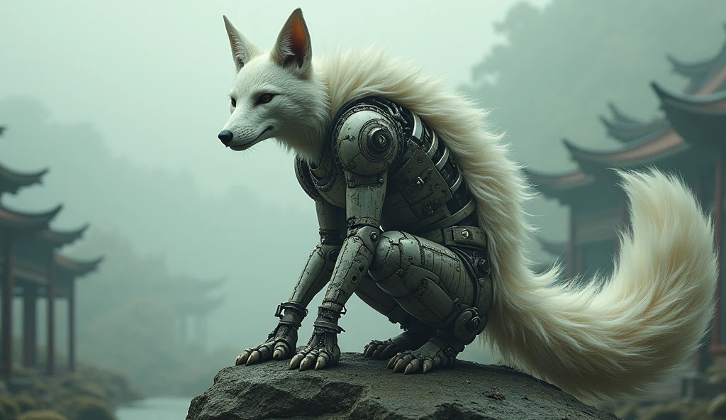 Top quality, masterpiece, oriental ancient background, person with white fox face, body made of complex machinery, science fiction, detailed science, life science, wearing oriental shabby traditional clothes, detailed image texture, bizarre, horror, creepy atmosphere (not AI image), cloudy weather, foggy, low color image, eerie, scary expression, crouching on a rock, character-centered image, person with long tail
