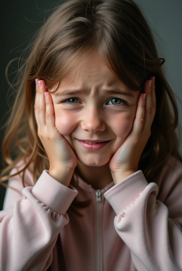 Picture of a real life brown haired girl covering her ears autism