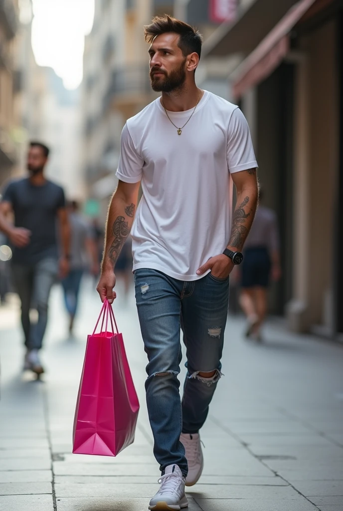 footballer leonel messi carrying a pink shopping bag by hand