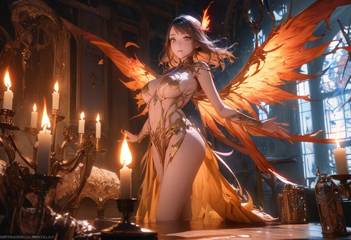 A beautiful fairy phoenix, a cute woman with flame feather sexy outfit, flaming hair, flaming moth wings, flitting away from a candle in a dim wizard's laboratory, high fantasy, masterpiece, 8k, photorealistic, cinematic lighting, dramatic colors, intricate details, ethereal atmosphere, glowing feathers, mesmerizing eyes, delicate features, graceful pose, magical energy, enchanting environment, mysterious laboratory, flickering candle, dark shadows, atmospheric lighting