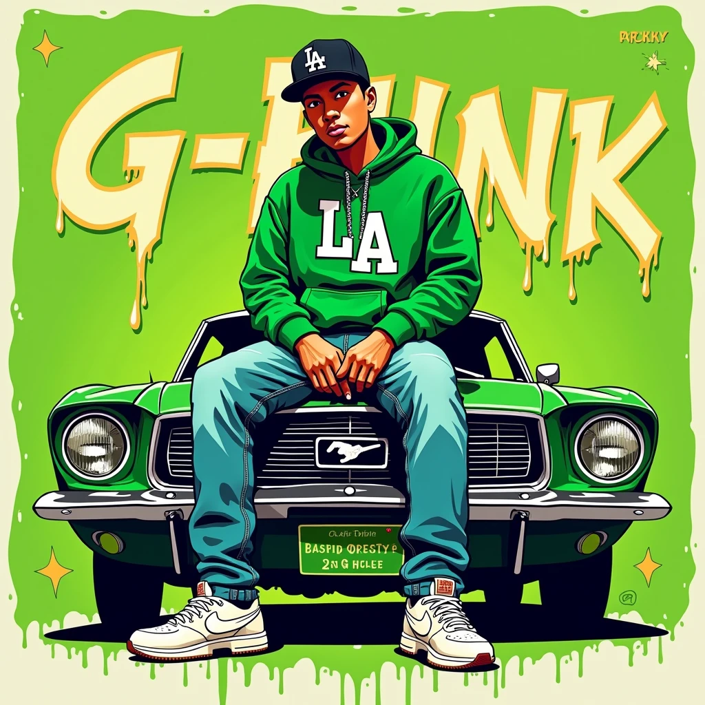 Image of a man sitting on the bonnet of a car, Yoshihiko Wada's album cover, winner of the behance contest, Doodle, official artwork, rap album cover, hip - hop album art cover, colored album art, hip hop music album cover, rap album cover art, official fanart, GTA Cover, hip hop album cover, album art cover, cartoon, G-FUNK G-FUNK Hip Hop album cover, green background, green car, LA hoodie with the words "G-FUNK" on the back of the photo, Asian teen wearing black LA ball cap with jeans down, troublemaker boy sitting on car bonnet, white Nike shoes, letters like paint dripping down