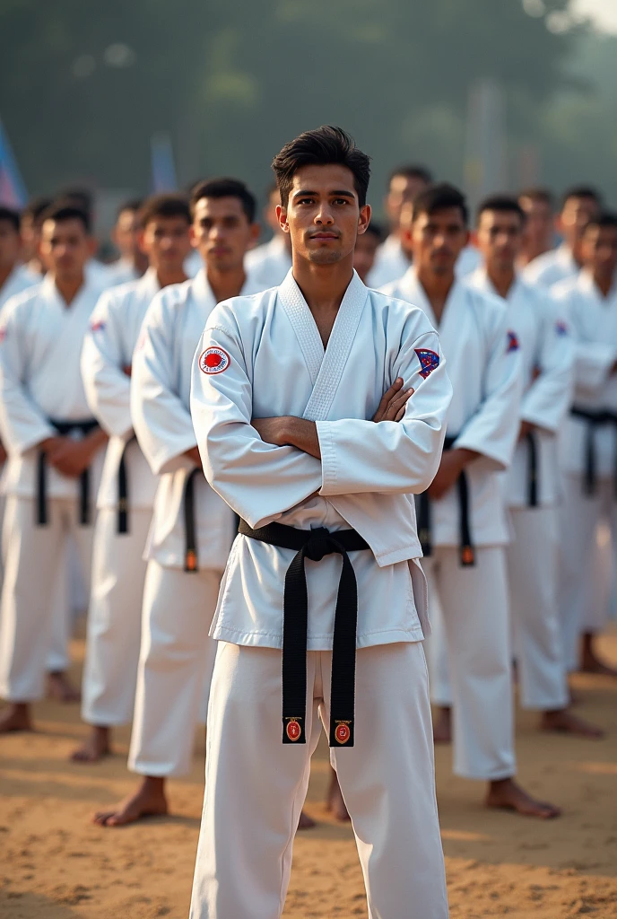 NEPALI NATIONAL KARATE team with 50 men Satnding together wearing Arawaza Gi
