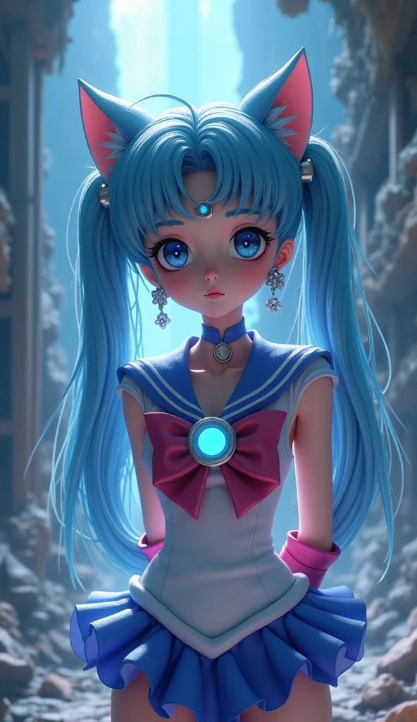 (absurdities, high resolution, ultra detailed, HdR), masterpiece, Best Quality, pastel colours, Light colors, Toei Animation,  senshi sailor luna, Pretty Guardian Sailor Moon character hands on her back and holding her hair and on the side there is a brooch, detailed character with detailed face, large eyes, ,(Tokyo cyberpunk ruined dungeon ruins background :1.4 ), (sailor moon Luna :1.4), (sailor moon Luna V2.1), (dynamic pose), More detailed 8K.unreal engine:1.4,UHD,La Best Quality:1.4, photorealistic:1.4, skin texture:1.4, masterpiece:1.8,first work, Best Quality,object object], (detailed face features:1.3),(The correct proportions),(Beautiful blue eyes:1.4 ),  (cowboy pose),( face detailed:1.4), high quality, (RAW photo, best quality), (realistic, photorealistic: 1.4), (extremely delicate and beautiful: 1.4), amazing, fine details, masterpiece, ultra detailed, high resolution, best illustration, best shadow, intricate, ( extremely intricate: 1.2), (exquisitely detailed skin), cinematic light, perfect anatomy, (cool color: 1.4), sharp focus, 8k UHD, DSLR, (Fujifilm XT3),