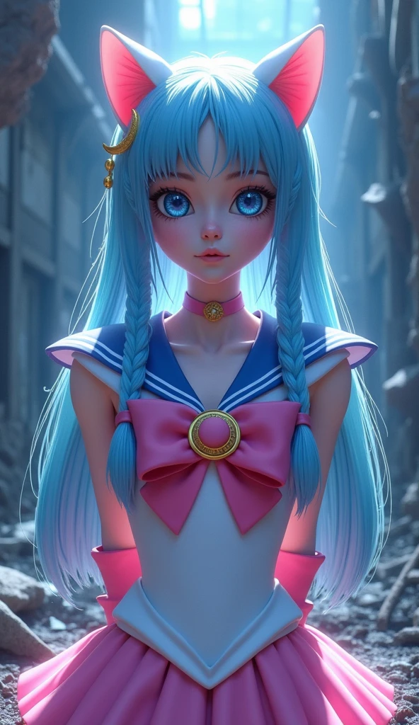 (absurdities, high resolution, ultra detailed, HdR), masterpiece, Best Quality, pastel colours, Light colors, Toei Animation,  senshi sailor luna, Pretty Guardian Sailor Moon character hands on her back and holding her hair and on the side there is a brooch, detailed character with detailed face, large eyes, ,(Tokyo cyberpunk ruined dungeon ruins background :1.4 ), (sailor moon Luna :1.4), (sailor moon Luna V2.1), (dynamic pose), More detailed 8K.unreal engine:1.4,UHD,La Best Quality:1.4, photorealistic:1.4, skin texture:1.4, masterpiece:1.8,first work, Best Quality,object object], (detailed face features:1.3),(The correct proportions),(Beautiful blue eyes:1.4 ),  (cowboy pose),( face detailed:1.4), high quality, (RAW photo, best quality), (realistic, photorealistic: 1.4), (extremely delicate and beautiful: 1.4), amazing, fine details, masterpiece, ultra detailed, high resolution, best illustration, best shadow, intricate, ( extremely intricate: 1.2), (exquisitely detailed skin), cinematic light, perfect anatomy, (cool color: 1.4), sharp focus, 8k UHD, DSLR, (Fujifilm XT3),