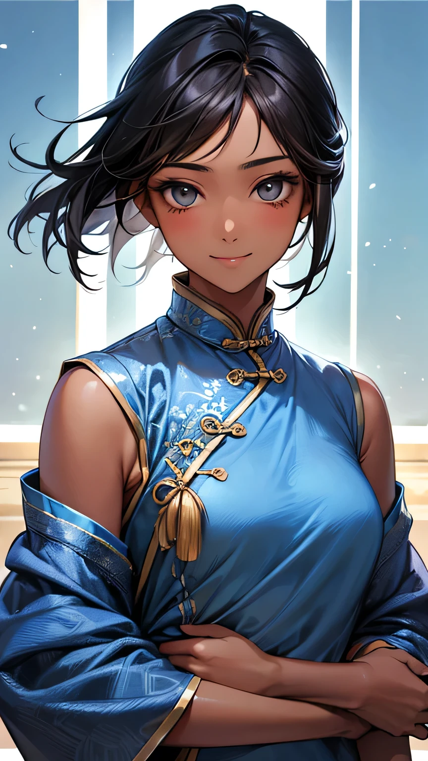 Highest quality、Realistic、、zoom、man、cute、Light grey eyes、Black Hair、Medium Hair Style、Tanned brown skin、Dark Skin、Light blue Chinese dress、No sleeve、Captivating smile、Bust Shot、Po