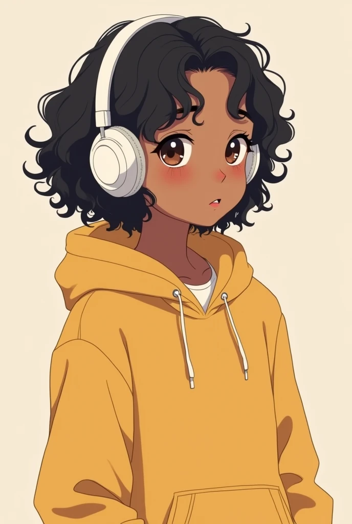 2d anime female brown skin character with dark brown eyes, short curly 4b black hair, white headphones, and a yellow hoodie. Calm personality