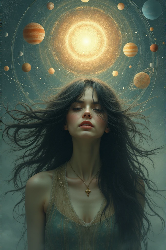 Woman with long hair covering her eyes There is a solar system floating overhead.