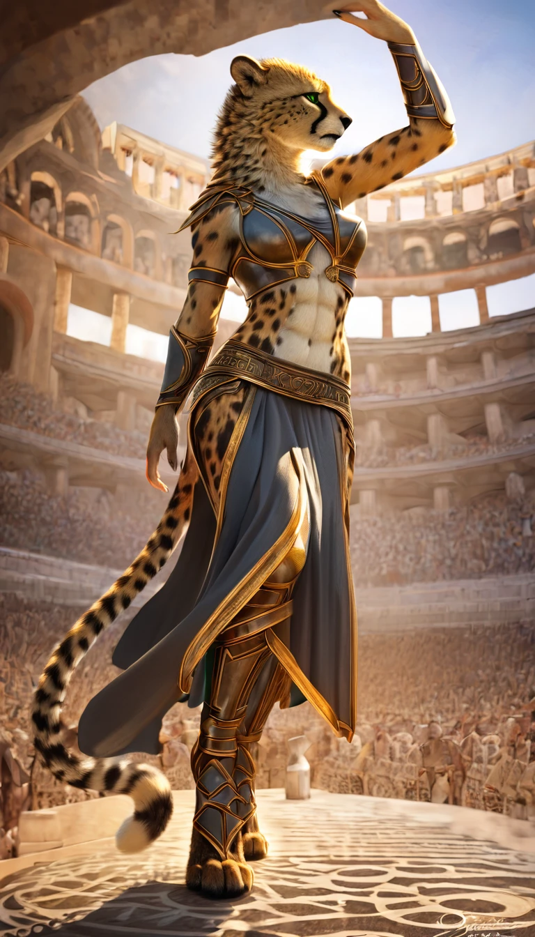 female cheetah beastman, gladiator, dignified expression, black with gold trim and tight combat clothing, perfect proportions, abs, background Coliseum, conceptual installation art, (ultra detailed, absolutely resolution, best quality:1.3), 2.5D, delicate and dynamic effects, artistic, hyper, graphic CG digital fantasy art, portrait, BREAK green eyes