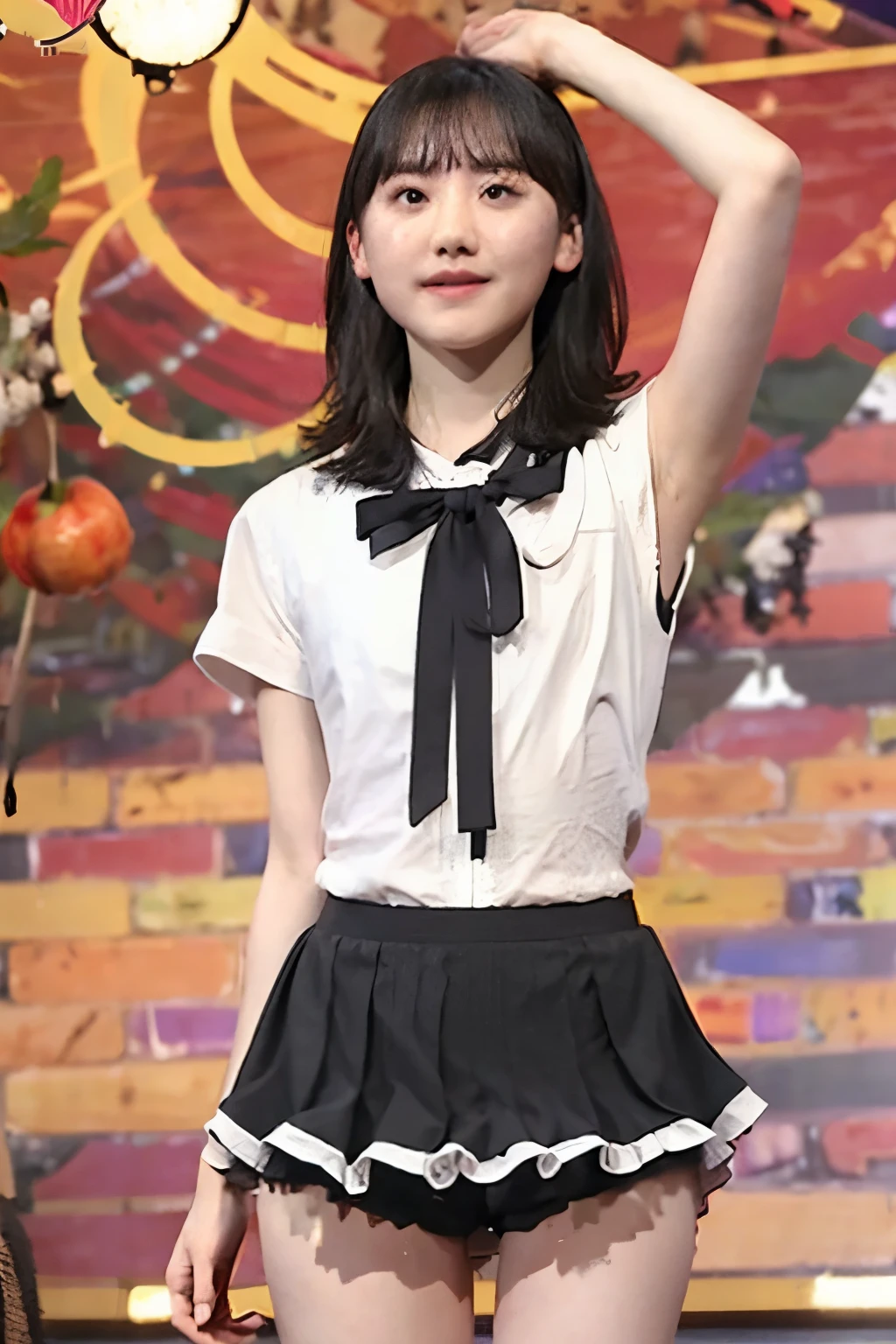 Full body angle Pleated mini skirt tie ribbon Black Hair Shorts 10generation slim Thighs Armpit Short sleeve Sleeveless Hands raised
