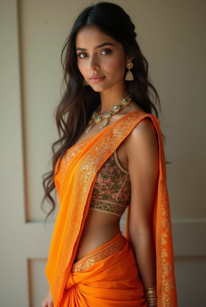 Girl in orange saree with deep clevage blouse and sexy figure with exposing navel