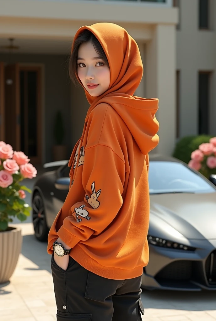 Beautiful Korean girl with smooth white skin. Well-groomed face, orange hijab with rabbit motif, orange hoodie decorated with rabbits, cargo pants with lots of black pockets, cool watch, standing with his back to the luxury car while smiling faintly, facing the camera, in the middle. The background is a large luxury house, there are roses blooming in pots, the photo is original and realistic